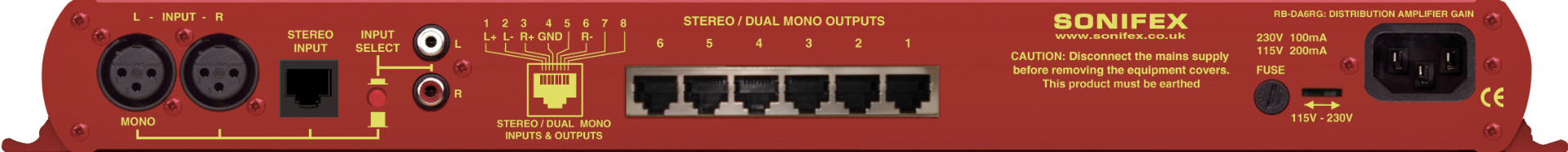 Sonifex  RB-DA6RG 6-полосный стереоусилитель-распределитель с разъемами RJ45 и регулятором выходного усиления